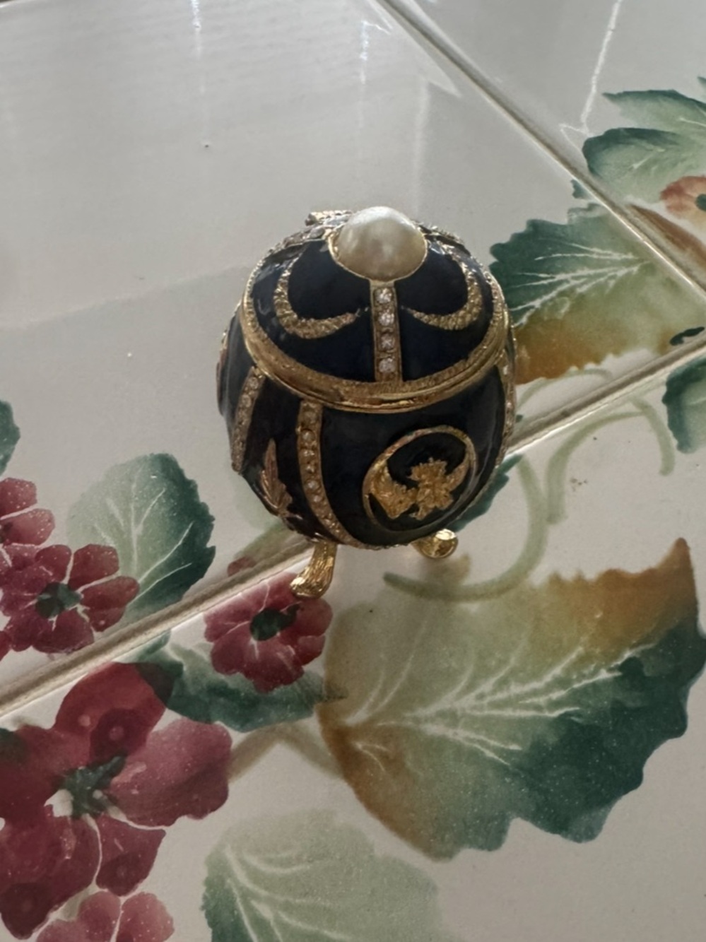 Elegant navy and Gold Decorative Egg Trinket Box with Pearl Accent